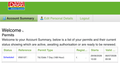 East Devon Holiday Permit Example